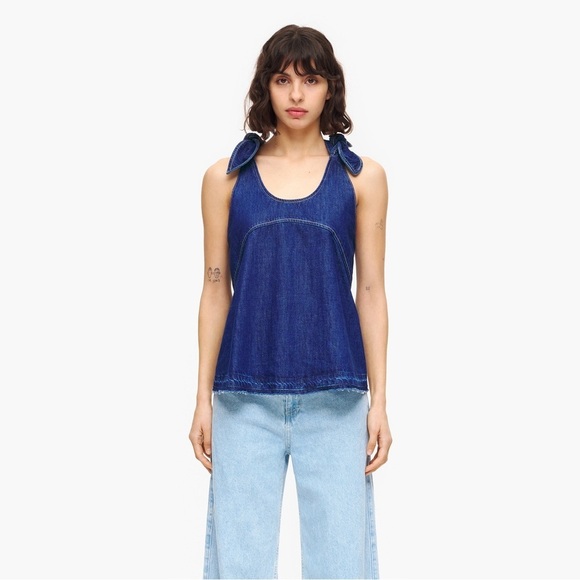 Bimba Y Lola Tops - Bimba Y Lola Dark blue denim top Blue Denim Tie-Shoulder Top Sz L